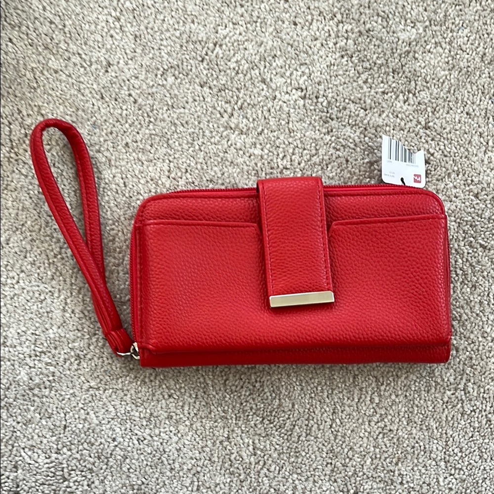 Vibrant Red Leather Clutch with Wrist Strap